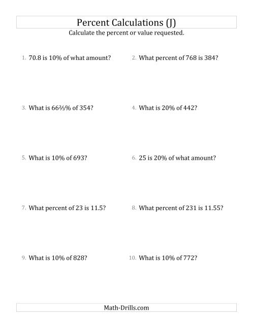 The Mixed Percent Problems with Decimal Amounts and Select Percents (J) Math Worksheet