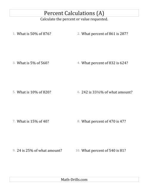 The Mixed Percent Problems with Whole Number Amounts and Select Percents (A) Math Worksheet
