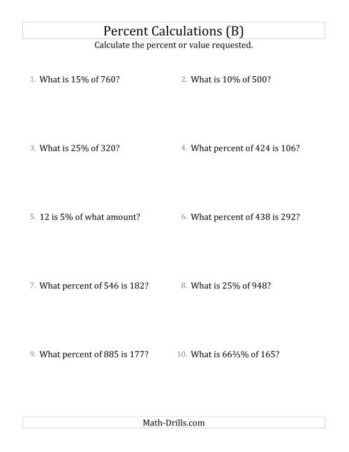 The Mixed Percent Problems with Whole Number Amounts and Select Percents (B) Math Worksheet