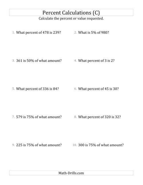 The Mixed Percent Problems with Whole Number Amounts and Select Percents (C) Math Worksheet