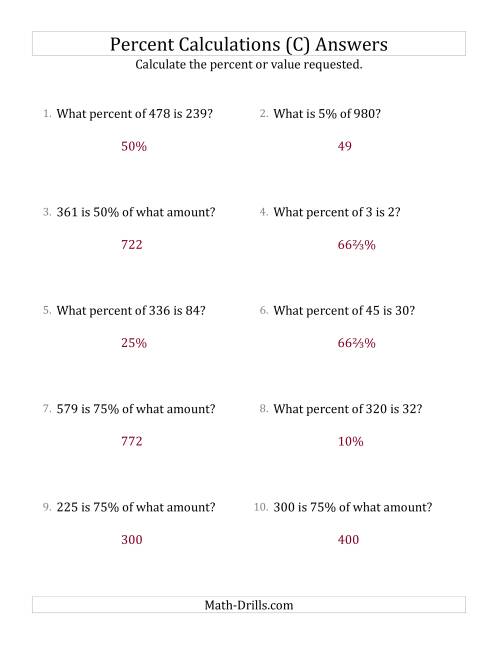The Mixed Percent Problems with Whole Number Amounts and Select Percents (C) Math Worksheet Page 2