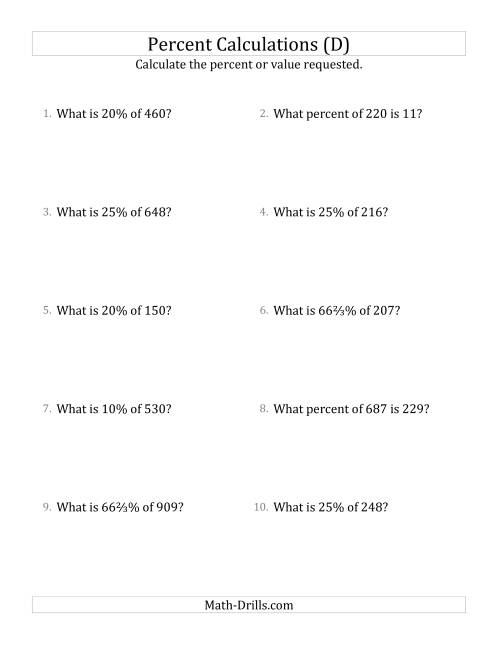 The Mixed Percent Problems with Whole Number Amounts and Select Percents (D) Math Worksheet