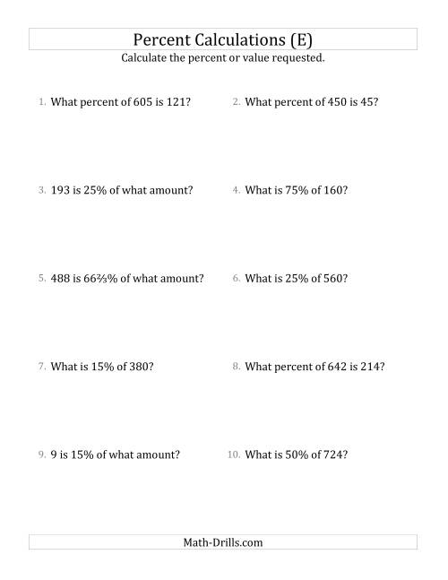 The Mixed Percent Problems with Whole Number Amounts and Select Percents (E) Math Worksheet