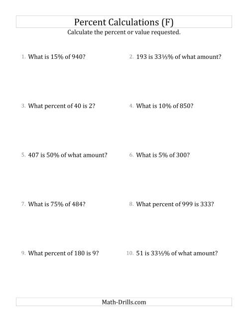 The Mixed Percent Problems with Whole Number Amounts and Select Percents (F) Math Worksheet