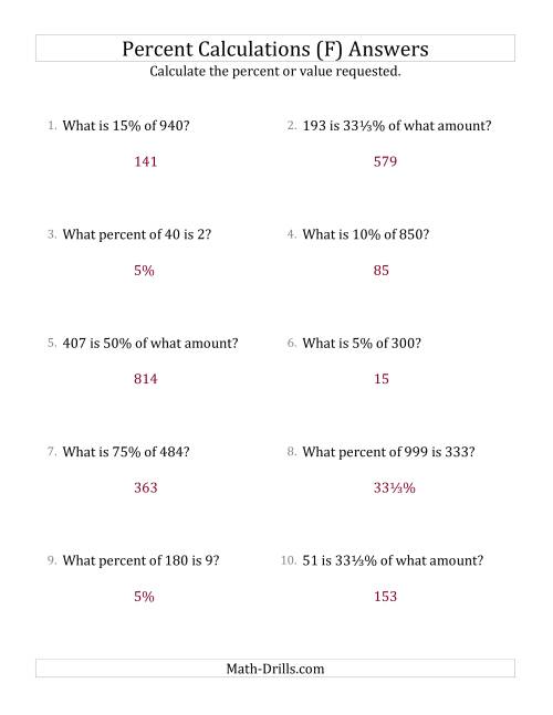 The Mixed Percent Problems with Whole Number Amounts and Select Percents (F) Math Worksheet Page 2