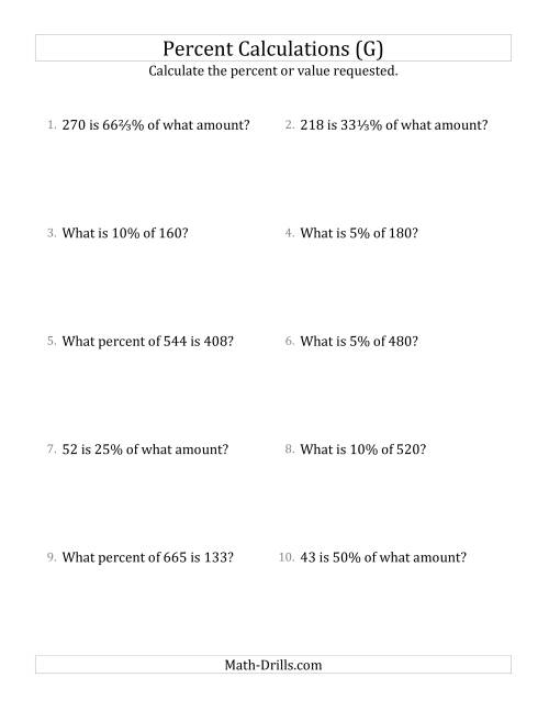 The Mixed Percent Problems with Whole Number Amounts and Select Percents (G) Math Worksheet