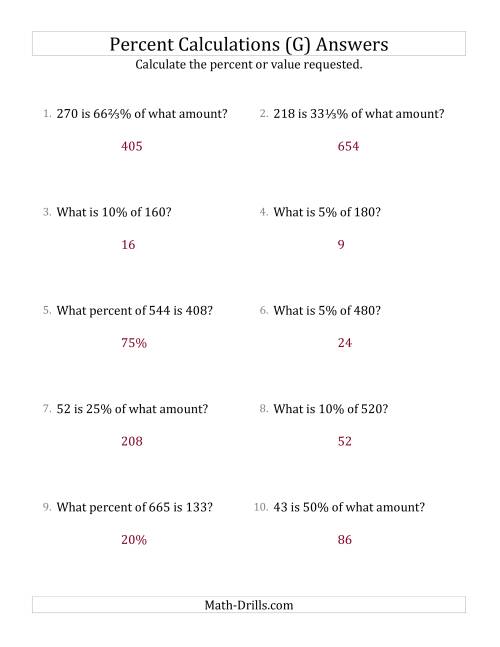 The Mixed Percent Problems with Whole Number Amounts and Select Percents (G) Math Worksheet Page 2