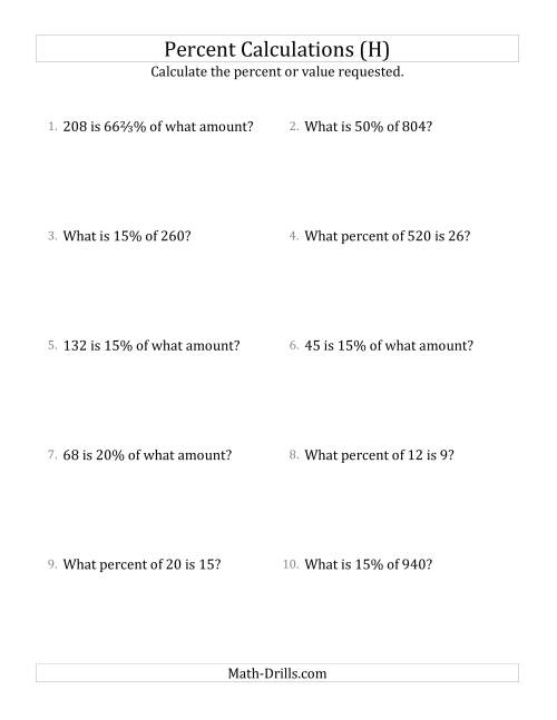 The Mixed Percent Problems with Whole Number Amounts and Select Percents (H) Math Worksheet