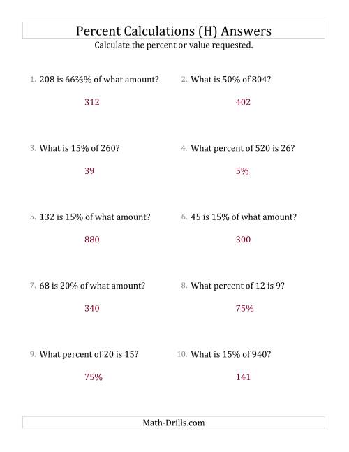 The Mixed Percent Problems with Whole Number Amounts and Select Percents (H) Math Worksheet Page 2