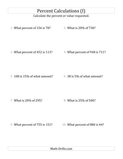 The Mixed Percent Problems with Whole Number Amounts and Select Percents (I) Math Worksheet