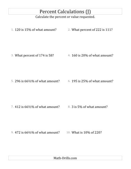 The Mixed Percent Problems with Whole Number Amounts and Select Percents (J) Math Worksheet