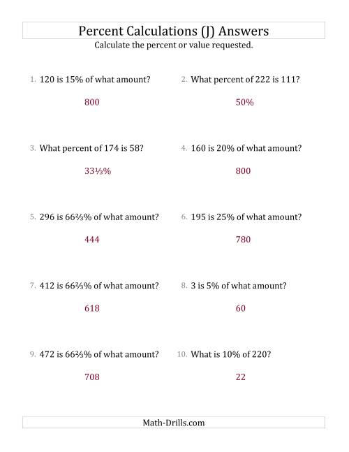 The Mixed Percent Problems with Whole Number Amounts and Select Percents (J) Math Worksheet Page 2