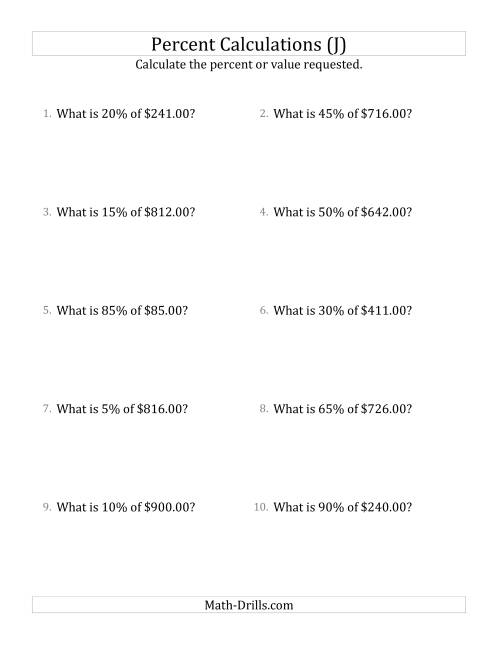 The Calculating the Percent Value of Decimal Currency Amounts and Multiples of 5 Percents (J) Math Worksheet