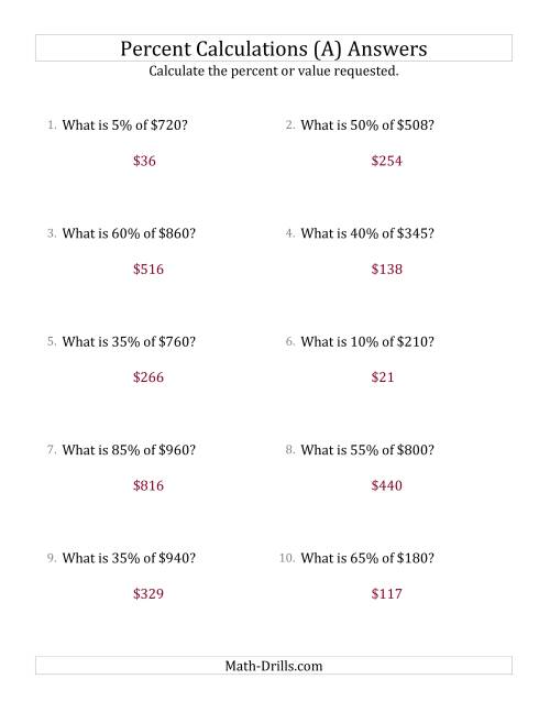 The Calculating the Percent Value of Whole Number Currency Amounts and Multiples of 5 Percents (A) Math Worksheet Page 2