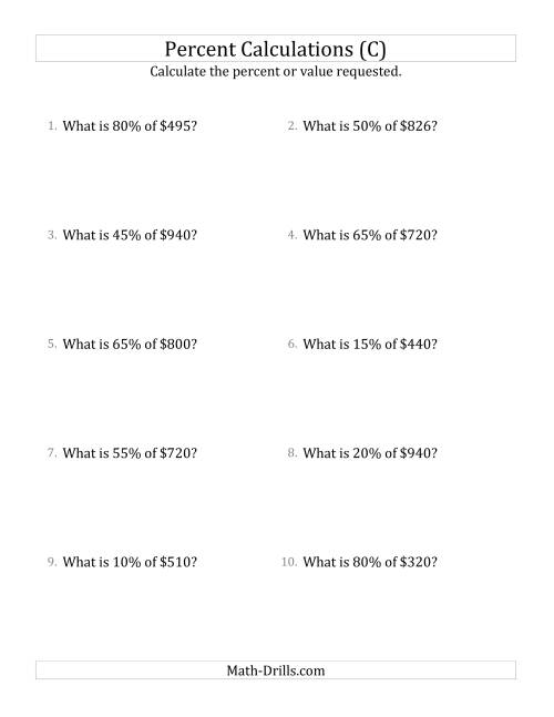 The Calculating the Percent Value of Whole Number Currency Amounts and Multiples of 5 Percents (C) Math Worksheet
