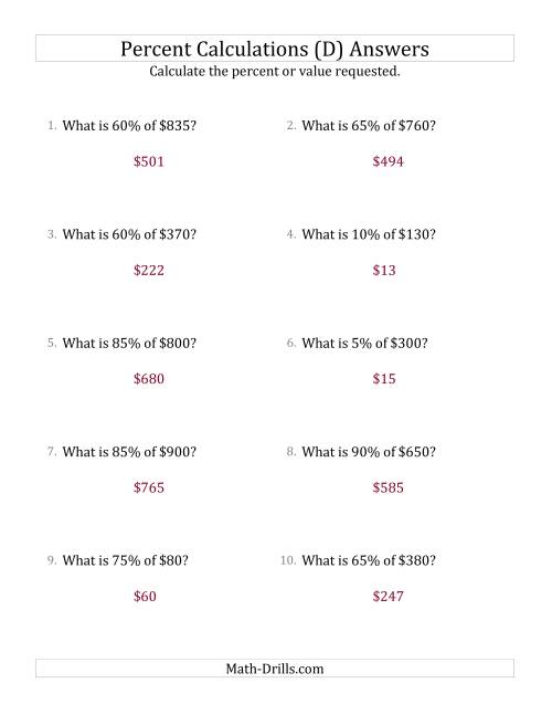 The Calculating the Percent Value of Whole Number Currency Amounts and Multiples of 5 Percents (D) Math Worksheet Page 2