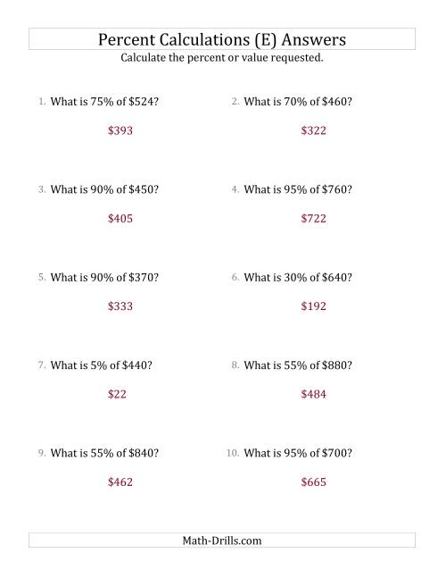 The Calculating the Percent Value of Whole Number Currency Amounts and Multiples of 5 Percents (E) Math Worksheet Page 2