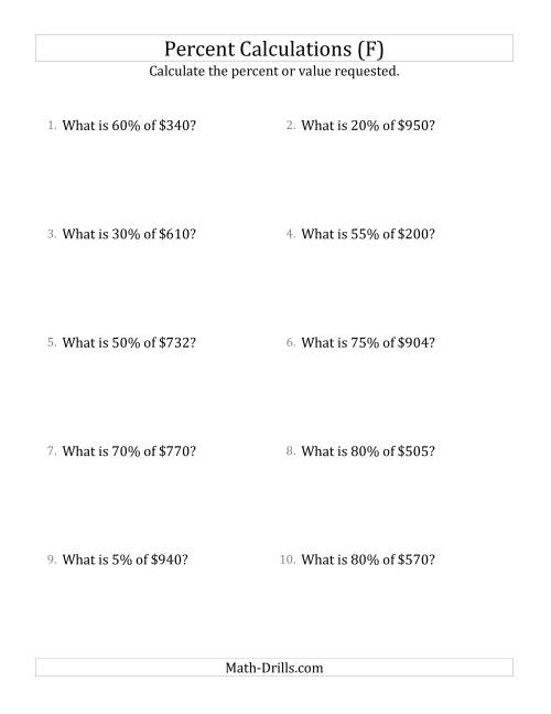 The Calculating the Percent Value of Whole Number Currency Amounts and Multiples of 5 Percents (F) Math Worksheet