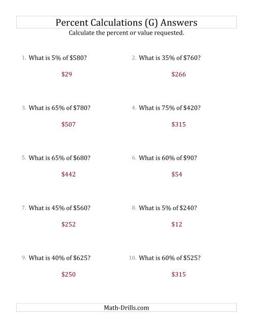 The Calculating the Percent Value of Whole Number Currency Amounts and Multiples of 5 Percents (G) Math Worksheet Page 2