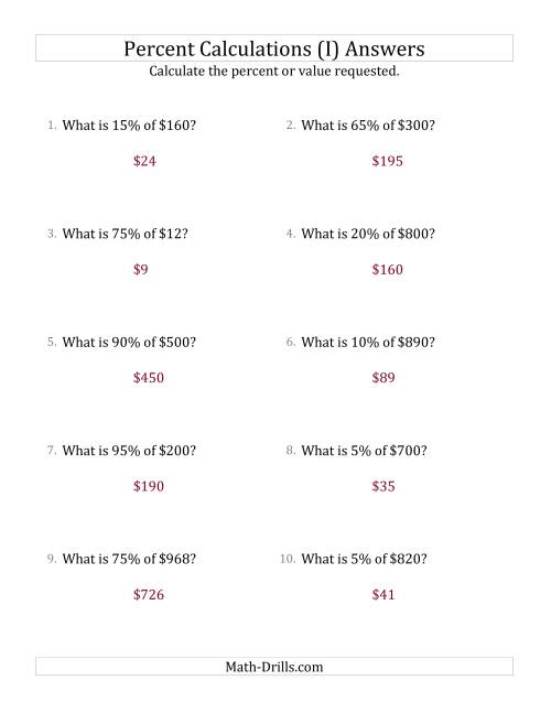 The Calculating the Percent Value of Whole Number Currency Amounts and Multiples of 5 Percents (I) Math Worksheet Page 2