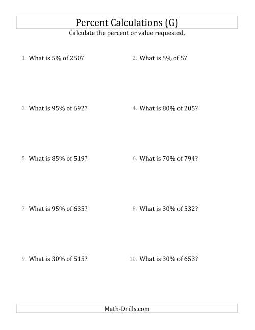 The Calculating the Percent Value of Decimal Amounts and Multiples of 5 Percents (G) Math Worksheet