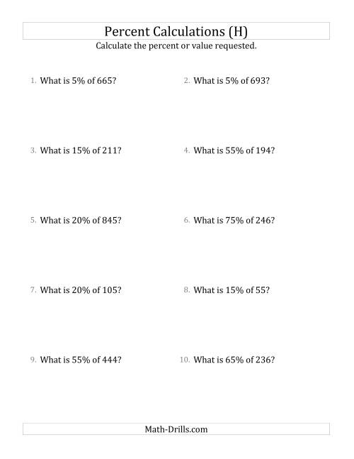 The Calculating the Percent Value of Decimal Amounts and Multiples of 5 Percents (H) Math Worksheet