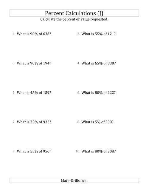 The Calculating the Percent Value of Decimal Amounts and Multiples of 5 Percents (J) Math Worksheet