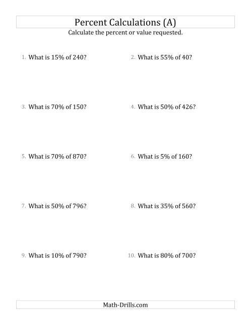 The Calculating the Percent Value of Whole Number Amounts and Multiples of 5 Percents (A) Math Worksheet