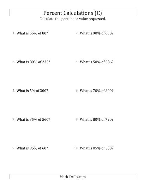 The Calculating the Percent Value of Whole Number Amounts and Multiples of 5 Percents (C) Math Worksheet