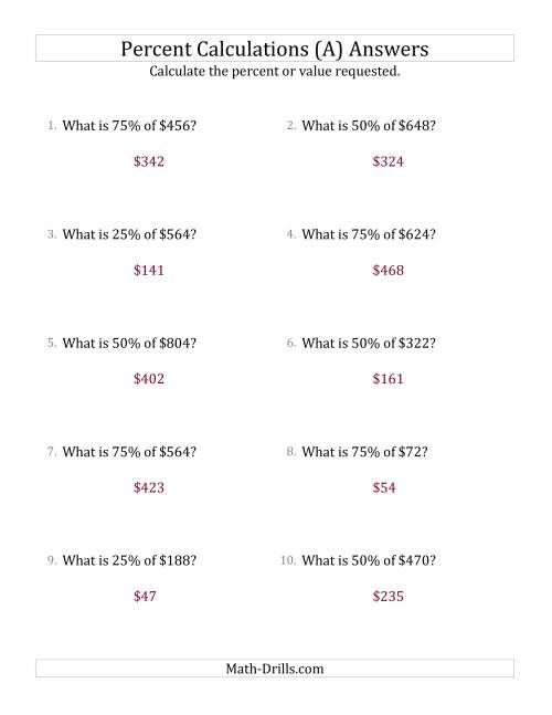 The Calculating the Percent Value of Whole Number Currency Amounts and Multiples of 25 Percents (A) Math Worksheet Page 2
