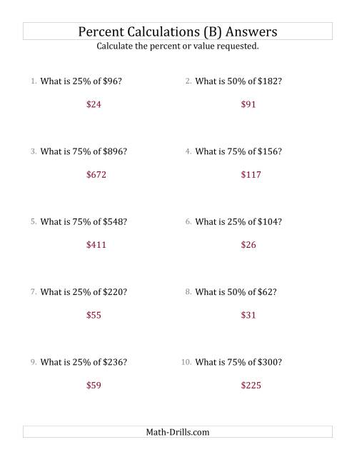 The Calculating the Percent Value of Whole Number Currency Amounts and Multiples of 25 Percents (B) Math Worksheet Page 2
