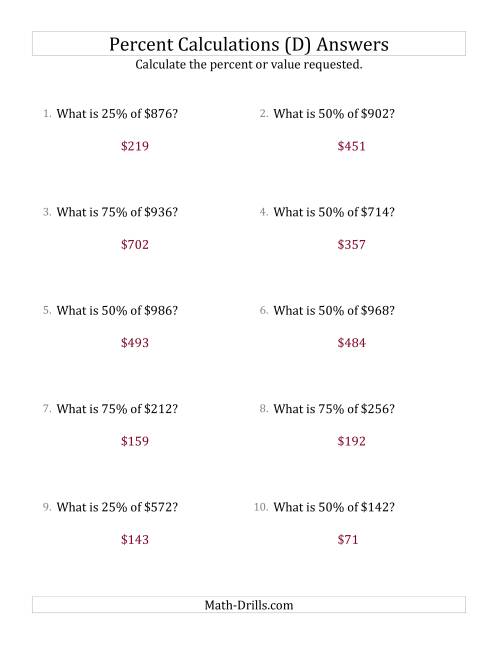 The Calculating the Percent Value of Whole Number Currency Amounts and Multiples of 25 Percents (D) Math Worksheet Page 2