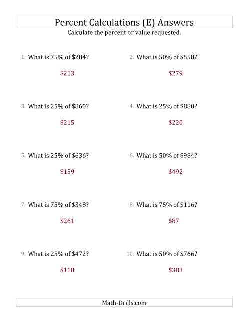 The Calculating the Percent Value of Whole Number Currency Amounts and Multiples of 25 Percents (E) Math Worksheet Page 2