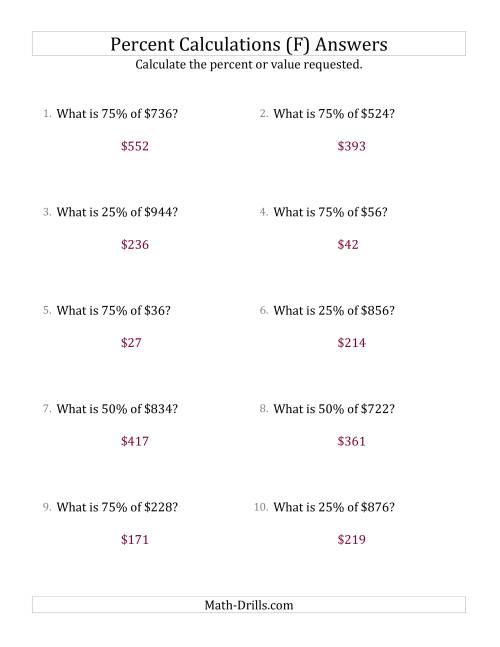 The Calculating the Percent Value of Whole Number Currency Amounts and Multiples of 25 Percents (F) Math Worksheet Page 2