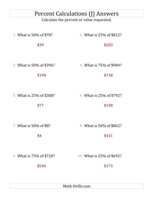 The Calculating the Percent Value of Whole Number Currency Amounts and Multiples of 25 Percents (J) Math Worksheet Page 2