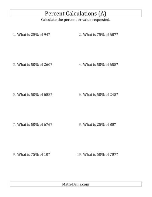 The Calculating the Percent Value of Decimal Amounts and Multiples of 25 Percents (A) Math Worksheet