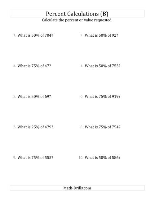 The Calculating the Percent Value of Decimal Amounts and Multiples of 25 Percents (B) Math Worksheet