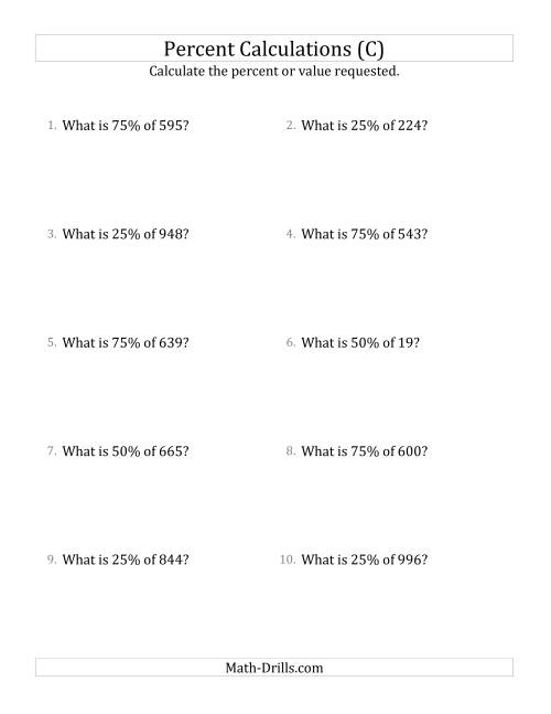 The Calculating the Percent Value of Decimal Amounts and Multiples of 25 Percents (C) Math Worksheet