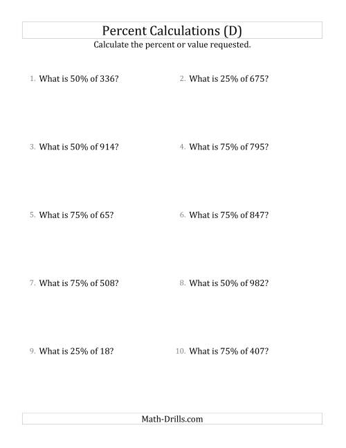 The Calculating the Percent Value of Decimal Amounts and Multiples of 25 Percents (D) Math Worksheet