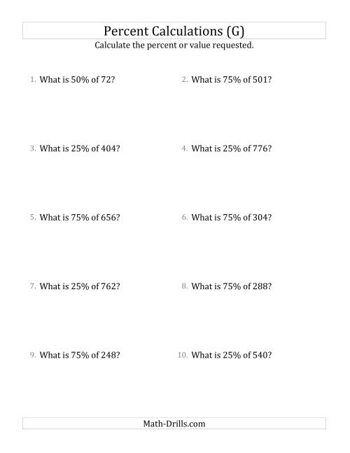 The Calculating the Percent Value of Decimal Amounts and Multiples of 25 Percents (G) Math Worksheet