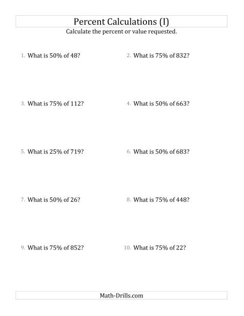 The Calculating the Percent Value of Decimal Amounts and Multiples of 25 Percents (I) Math Worksheet