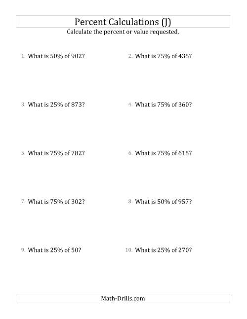 The Calculating the Percent Value of Decimal Amounts and Multiples of 25 Percents (J) Math Worksheet