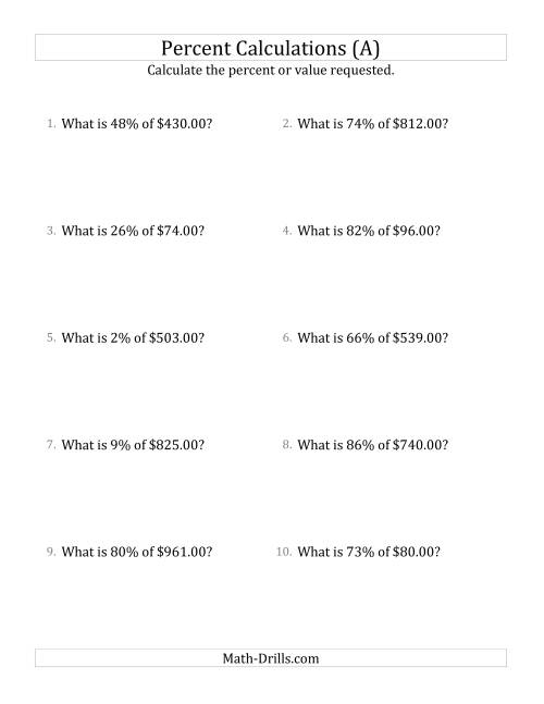 The Calculating the Percent Value of Decimal Currency Amounts and All Percents (A) Math Worksheet