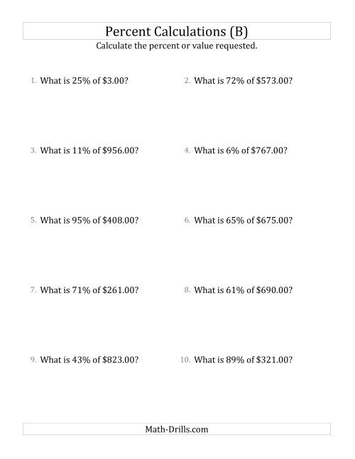 The Calculating the Percent Value of Decimal Currency Amounts and All Percents (B) Math Worksheet