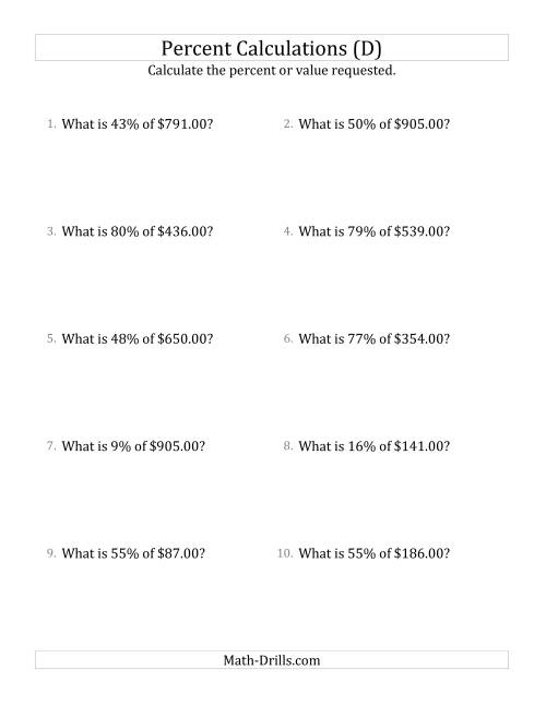 The Calculating the Percent Value of Decimal Currency Amounts and All Percents (D) Math Worksheet