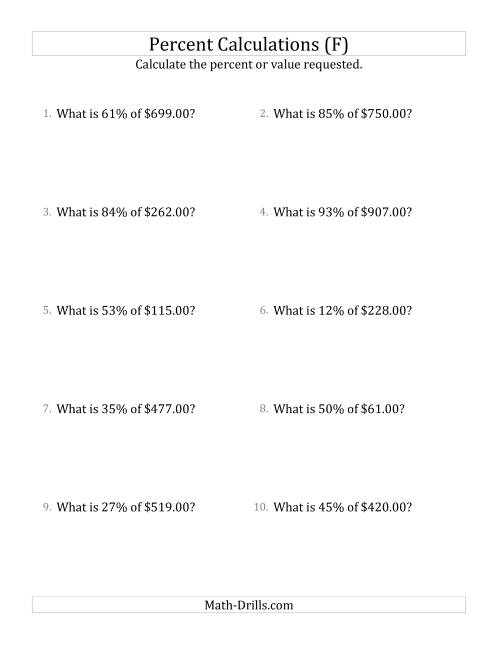 The Calculating the Percent Value of Decimal Currency Amounts and All Percents (F) Math Worksheet