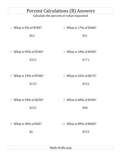 The Calculating the Percent Value of Whole Number Currency Amounts and All Percents (B) Math Worksheet Page 2