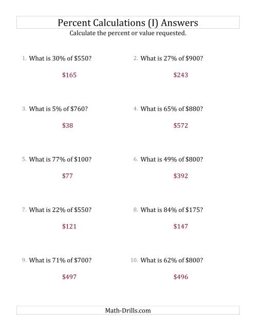 The Calculating the Percent Value of Whole Number Currency Amounts and All Percents (I) Math Worksheet Page 2