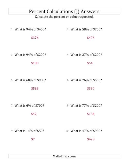 The Calculating the Percent Value of Whole Number Currency Amounts and All Percents (J) Math Worksheet Page 2