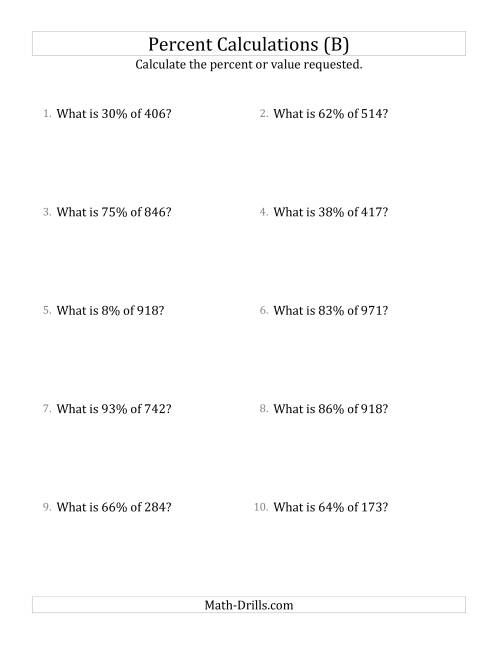 The Calculating the Percent Value of Decimal Amounts and All Percents (B) Math Worksheet
